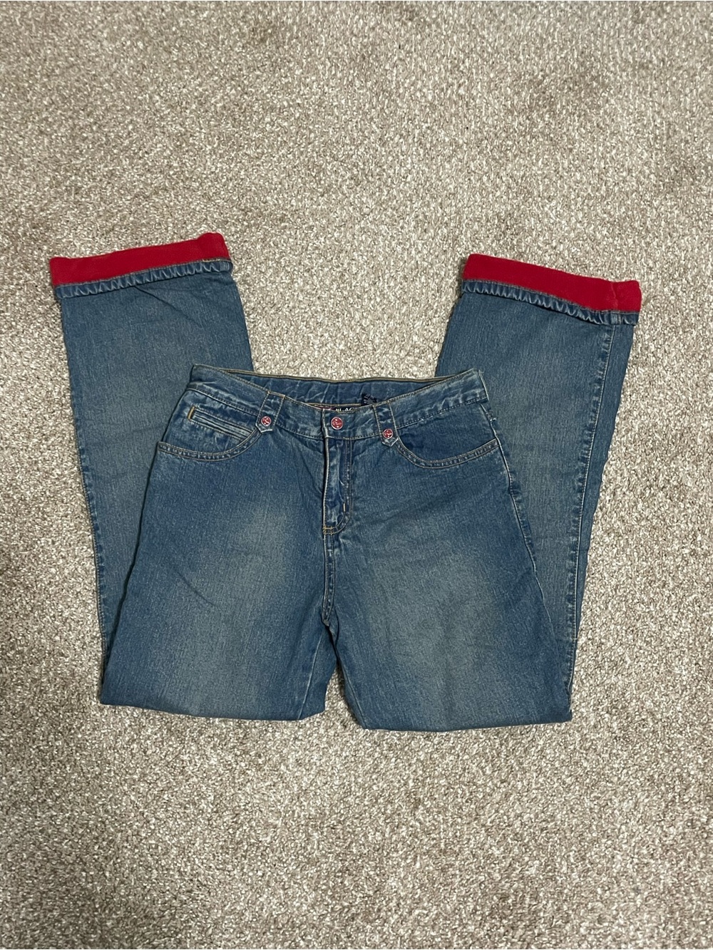 Vintage Women's Blue Denim Fleece Lined Bootcut Jeans with Red Details